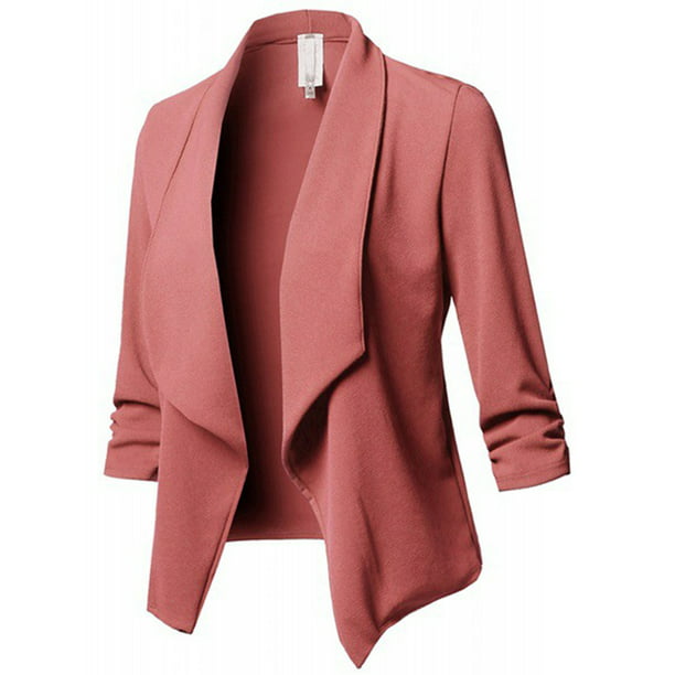 KaWaYi Womens Pure Color Fitted Long-Sleeve Lapel Open Front Blazer Outwear 